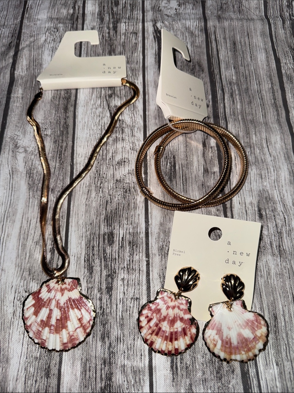 a new day Gold and Pink Shell Necklace and Earring Set with White Shell Pendant